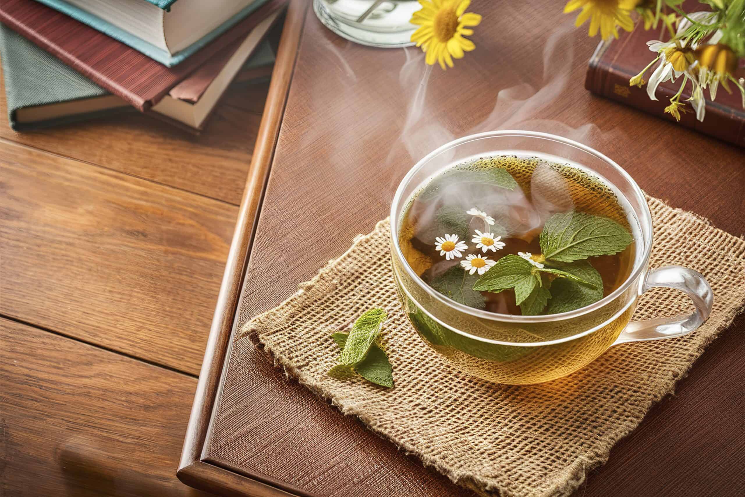 Cup of medicinal herbal chamomile mint tea on a wooden desk