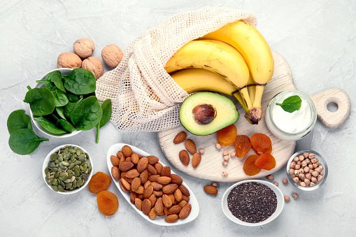 Assortment of products containing magnesium. Healthy diet food. Top view